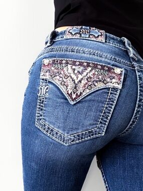 Womens Miss Me Jeans Size 27 x 34 Long Boot Embellished Y2K Rhinestone Blue